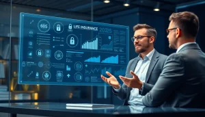 High-tech scene of a financial advisor discussing 79king UK-life-insurance with a client in a modern office setting, highlighting trust and innovation in 2025.