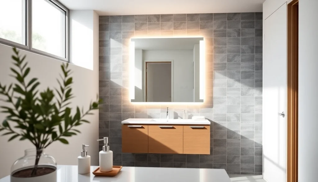 Spiegelschrank mit LED Beleuchtung in modernem Badezimmer-Setup mit elegantem Design