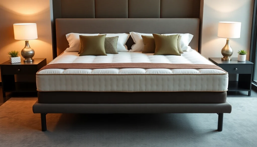 Materasso matrimoniale di alta qualità su un elegante letto moderno, esaltato da cuscini soffici e luce calda.