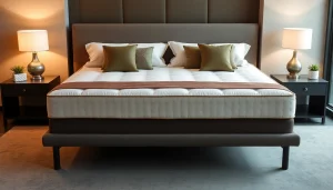 Materasso matrimoniale di alta qualità su un elegante letto moderno, esaltato da cuscini soffici e luce calda.