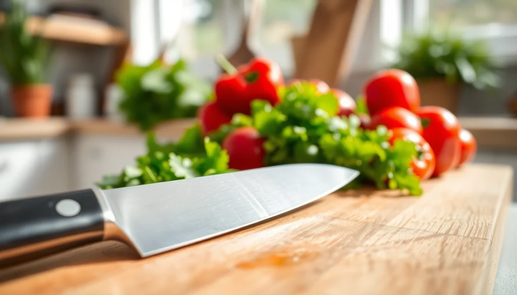 Showcasing chef’s knife NZ on a cutting board with fresh vegetables