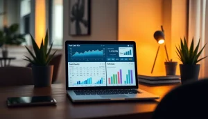 Analyze real estate profit analysis with a laptop displaying investment graphs and ROI charts for home flipping.