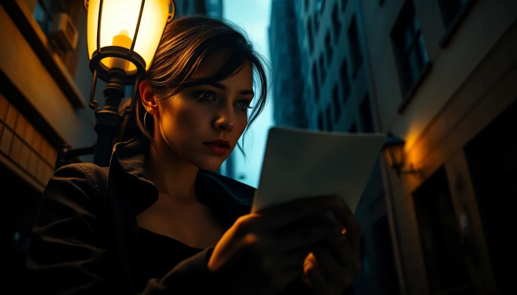 Female detective solving a Clean thriller mystery under streetlight in a shadowy urban setting.