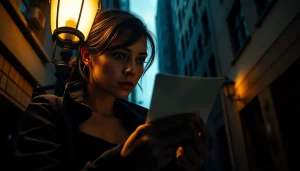 Female detective solving a Clean thriller mystery under streetlight in a shadowy urban setting.