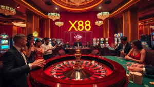 Experience the thrill of winning at the XX88 casino's vibrant roulette table, featuring colorful chips and joyous players.