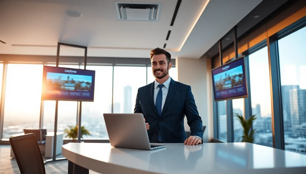 Showcasing real estate professionalism in a bright modern office with a cityscape background.