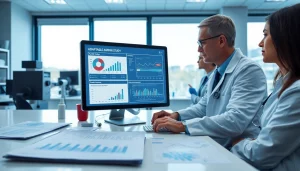 Researchers reviewing the ADAPTABLE Aspirin Study data in a modern lab environment.