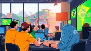 Engaged punters enjoying sports betting in Brazil with vibrant surroundings and technology.