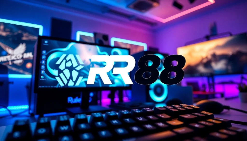 Highlight the RR88 logo on an advanced gaming setup featuring dynamic gameplay.