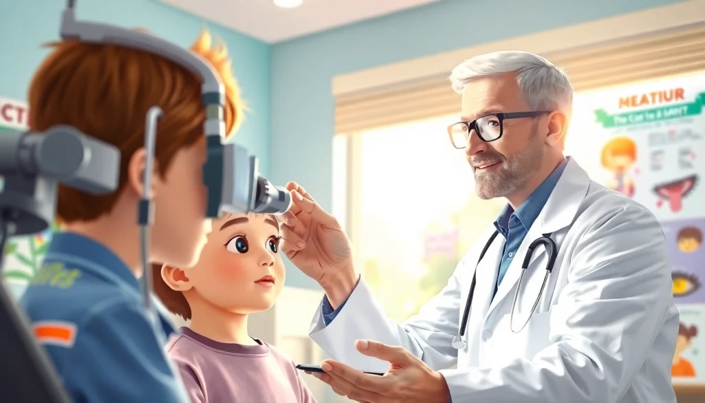 Children’s vision assessment reflecting Our Children's Vision initiative in a welcoming eye care setting.