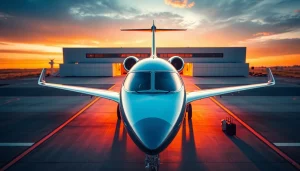 Experience luxury travel with https://flymarquis.com showcasing a private jet on a runway at sunset.