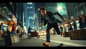 Action thriller chase scene featuring a determined protagonist sprinting through a bustling cityscape.