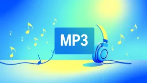 Experience seamless MP3 download with a vibrant illustration of music notes and headphones.