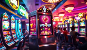 Menampilkan mesin jewel4d slot di lingkungan kasino yang penuh semangat dan warna-warni.