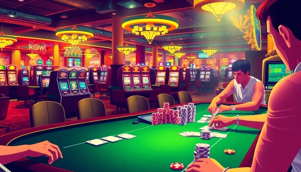 Experience action-packed gameplay at mm88 com's vibrant poker table amidst flashing slot machines and dice rolls.
