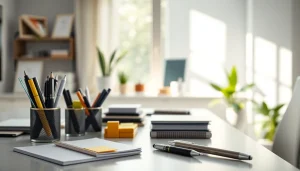 Organized office stationery supplies on a modern desk showcasing efficiency and professionalism.
