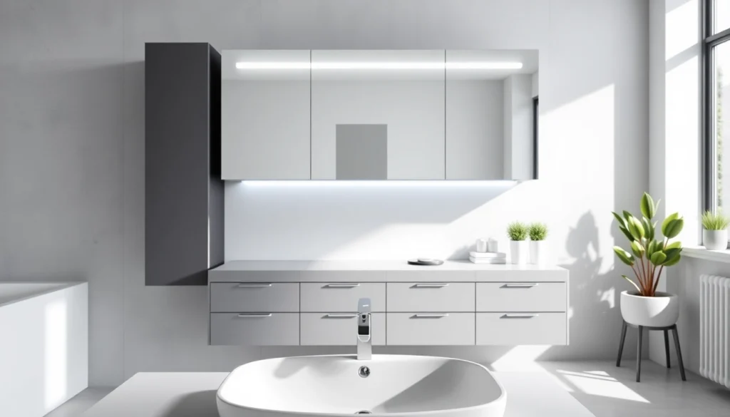 Bewundern Sie den eleganten sonni Spiegelschrank mit modernem Design und praktischen LED-Lichtern.