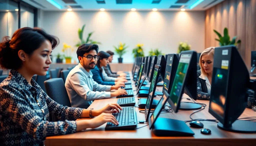 Engaged individuals at a typing center refining their skills in a modern workspace.