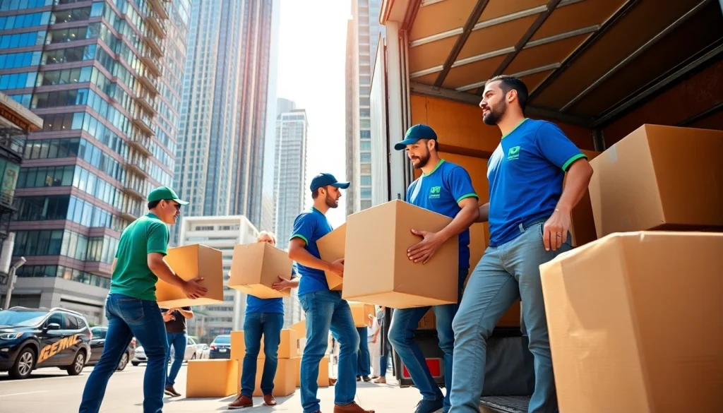 Efficient team providing Toronto moving services while packing and loading items in a bustling city environment.