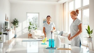 Cleaners performing a professional cleaning service in a bright home environment.
