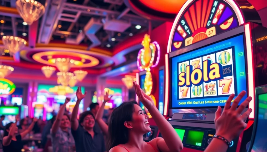 Mainkan sayapbola slot di atmosfer kasino yang ceria dengan pemain yang merayakan kemenangan.