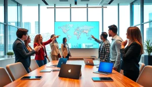 Agents discussing trends in real estate international in a vibrant modern office.