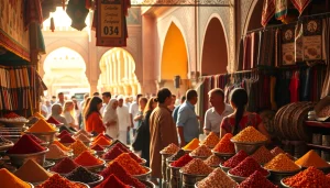 Visit Morocco to experience the vibrant marketplace, showcasing rich spices and textiles.