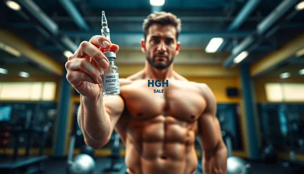 Showcase of HGH FOR SALE vials held by a fitness enthusiast in a modern gym setting.