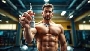 Showcase of HGH FOR SALE vials held by a fitness enthusiast in a modern gym setting.