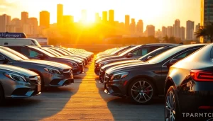 Transporting luxury vehicles by https://luxuryautocarriers.com in an upscale urban environment with vibrant skyline.