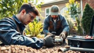 Sewer repair durham expert diagnosing issues in a residential garden setting with tools.