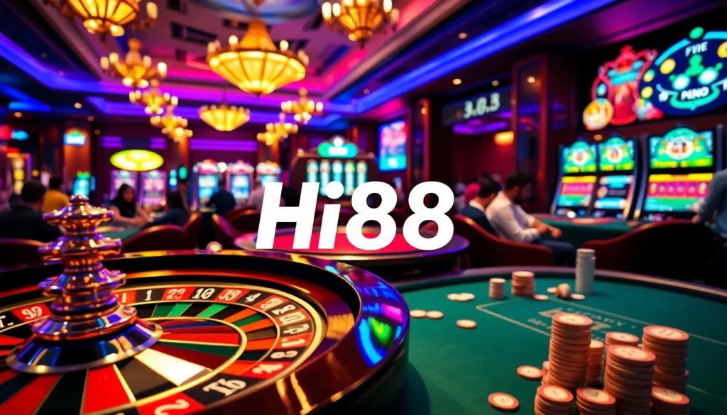 Hi88 showcases an exciting poker game with players analyzing their cards, vibrant chips stacked high.