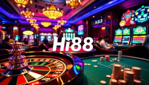 Hi88 showcases an exciting poker game with players analyzing their cards, vibrant chips stacked high.