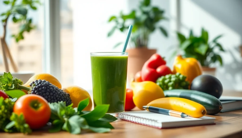 Engaging health and wellness scene with fresh produce and smoothies showcasing https://healthyvix.com lifestyle.