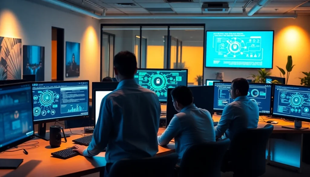 HERO Managed Services Tampa team collaborating in a modern IT office environment, showcasing innovation and cybersecurity.