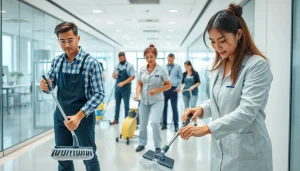 Reinigungsteam von https://nm-gebäudeservice.de in einem modernen Büro, das hochwertige Dienstleistungen zeigt.