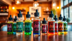 Liquid in colorful glass bottles arranged on a wooden table in a cozy cafe atmosphere.