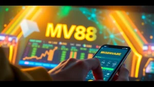 MV88 gaming platform showcasing a user-friendly interface with vibrant colors and cryptocurrency symbols.