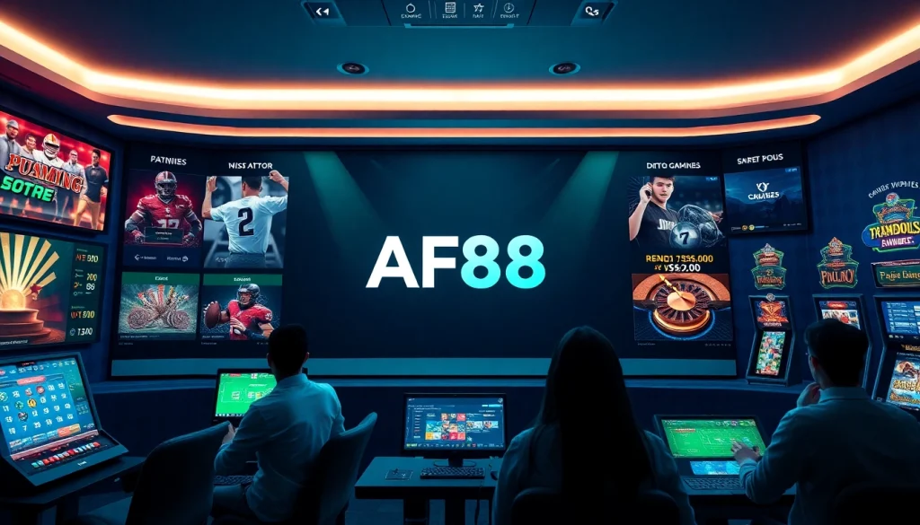 Engaging online gaming interface with AF88 logo, showcasing diverse gaming options and user interactions.