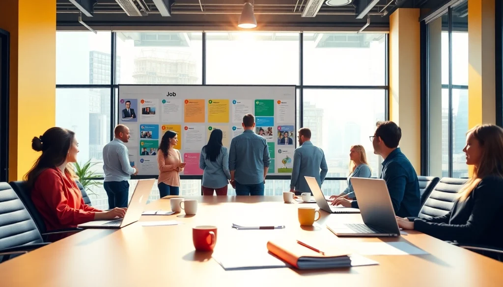 Engage potential candidates with a free job post on a vibrant job board in a lively workspace.