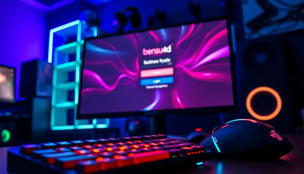 Masuk ke bensu4d login game dengan latar belakang gaming yang mengesankan dan aksesori berwarna cerah.