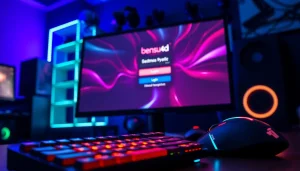 Masuk ke bensu4d login game dengan latar belakang gaming yang mengesankan dan aksesori berwarna cerah.