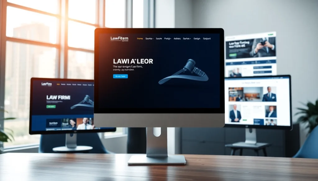Engaging view of professional law firm website design at https://www.lawfirmswebsitedesign.com with sleek monitors showcasing innovative layouts.
