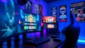 Mencoba jentoto dengan antusias di lingkungan bermain game digital yang modern.