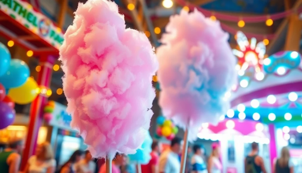 Geniet van een kleurrijke wafel katoen die vrolijk zweeft op een kermis vol plezier.