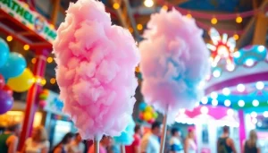 Geniet van een kleurrijke wafel katoen die vrolijk zweeft op een kermis vol plezier.