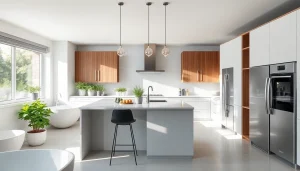 Showcasing bathroom and kitchen remodeling, a modern kitchen features elegant designs and natural light.