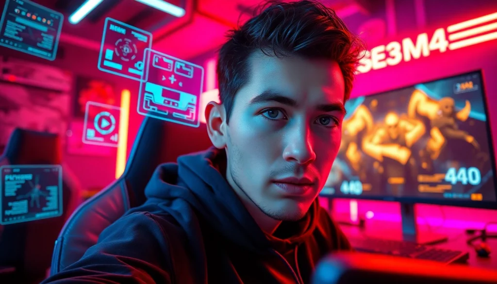 Menampilkan pemain terfokus saat bermain hakim4d game dengan setup gaming futuristik.