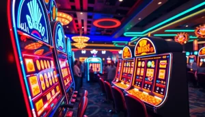 Menangkan permainan bro138 slot dengan slot machine yang menyala cerah dan menampilkan aktivitas kasino yang ramai.