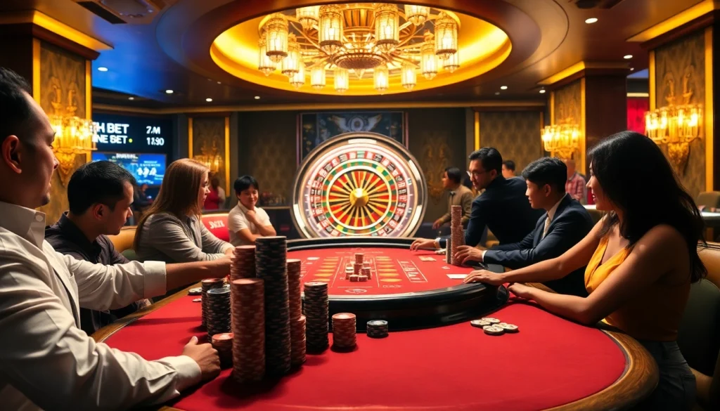 Engage with the excitement of Nhà Cái THABET's premium poker gaming experience in a luxurious casino setting.